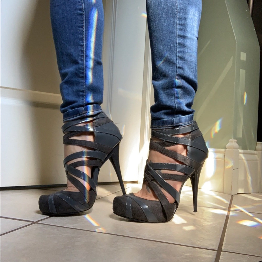 Faux Leather and Suede Cage Stilettos